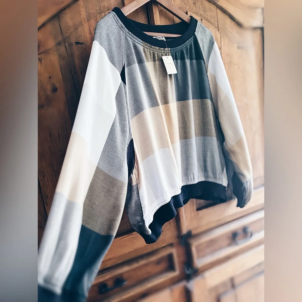 Free People Intimately Plaid Pullover - Heathered Taupe & Camel - Size L NWT
